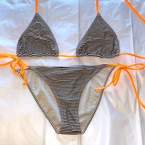 NicoNico M string bikini in black&white small stripes w/orange ties Bought Bali